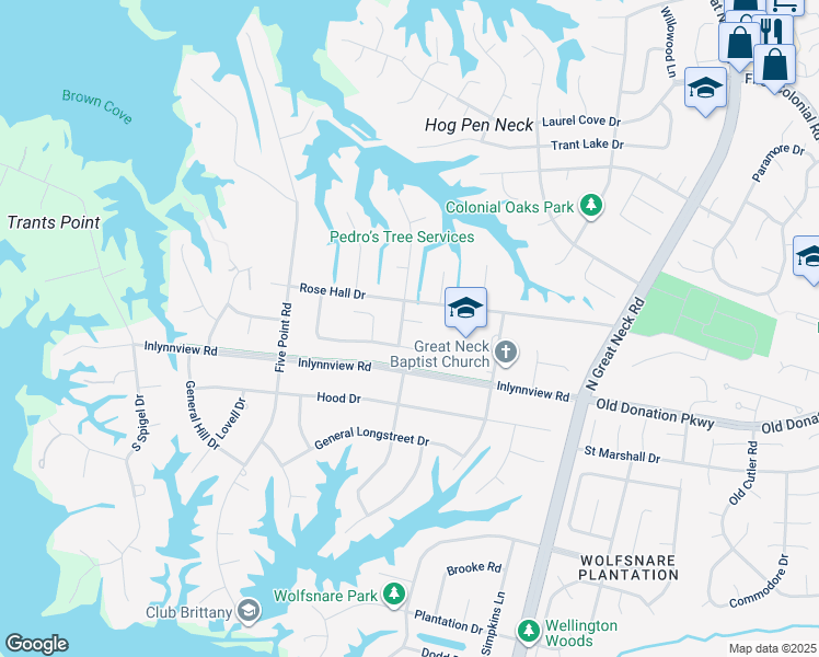 map of restaurants, bars, coffee shops, grocery stores, and more near 1092 Blackburn Lane in Virginia Beach