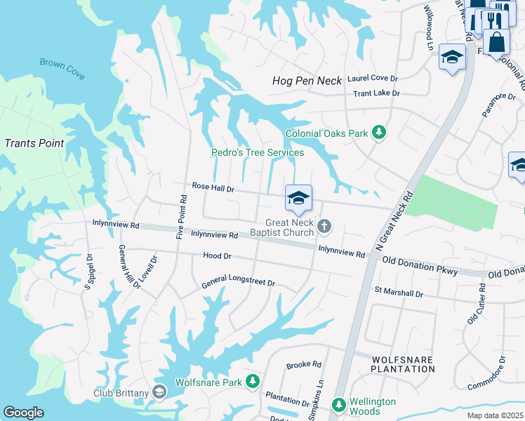 map of restaurants, bars, coffee shops, grocery stores, and more near 1097 Blackburn Lane in Virginia Beach
