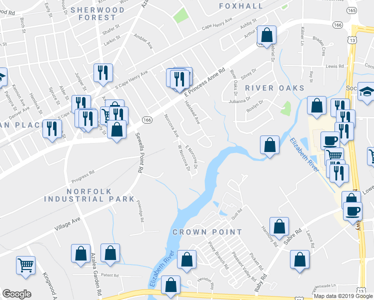 map of restaurants, bars, coffee shops, grocery stores, and more near 1388 East Norcova Drive in Norfolk