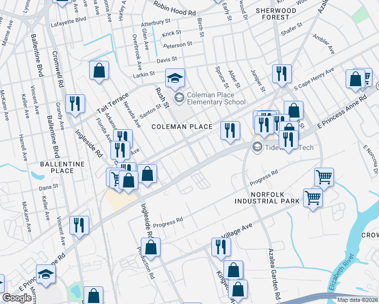 map of restaurants, bars, coffee shops, grocery stores, and more near 3727 Cape Henry Avenue in Norfolk