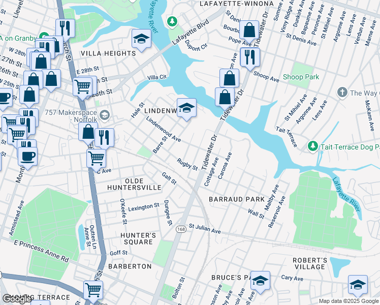 map of restaurants, bars, coffee shops, grocery stores, and more near 2500 Masi Street in Norfolk
