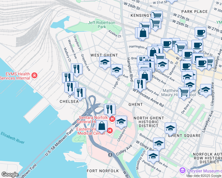 map of restaurants, bars, coffee shops, grocery stores, and more near 1000 Westover Avenue in Norfolk