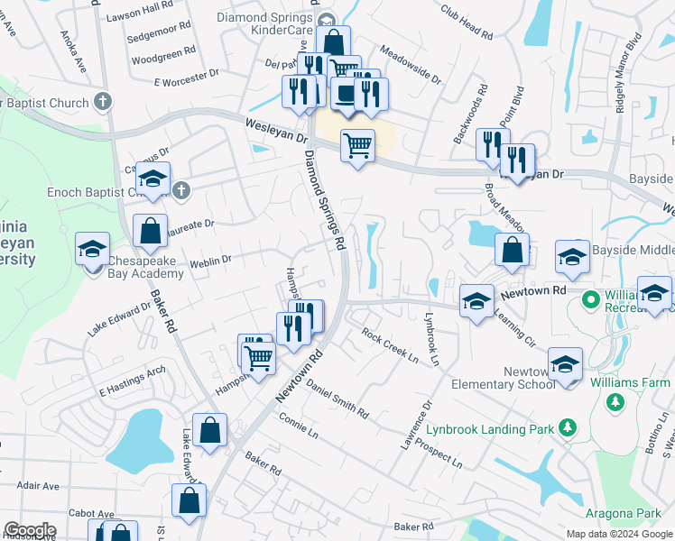 map of restaurants, bars, coffee shops, grocery stores, and more near 712 Gemstone Lane in Virginia Beach