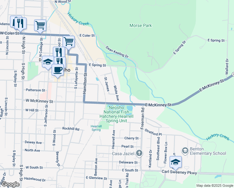 map of restaurants, bars, coffee shops, grocery stores, and more near 399 White Avenue in Neosho