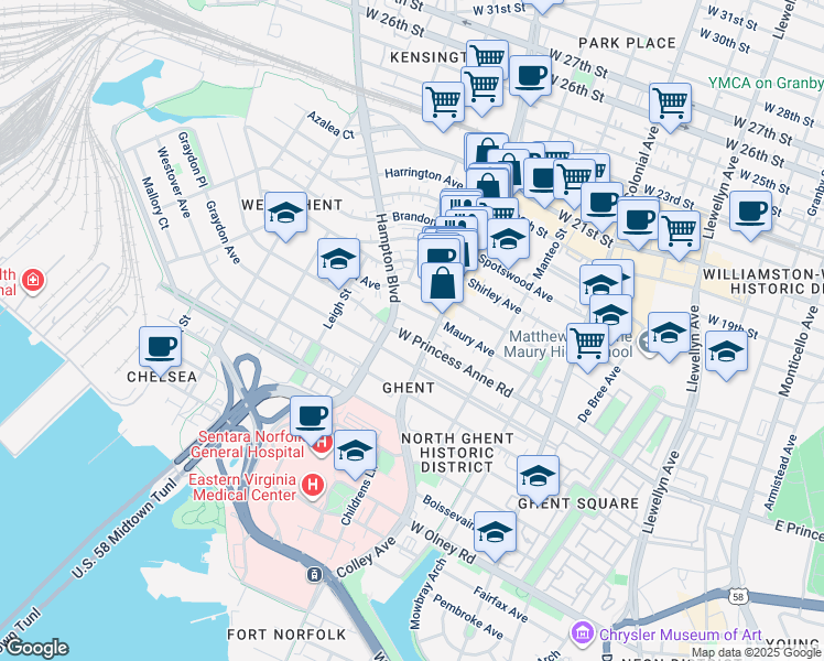 map of restaurants, bars, coffee shops, grocery stores, and more near 810 West Princess Anne Road in Norfolk