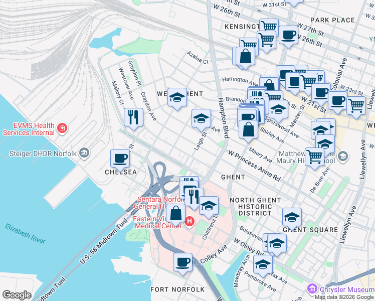 map of restaurants, bars, coffee shops, grocery stores, and more near 1012 Graydon Avenue in Norfolk