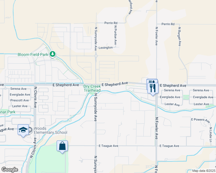 map of restaurants, bars, coffee shops, grocery stores, and more near 5095 East Shepherd Avenue in Clovis