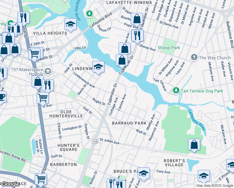 map of restaurants, bars, coffee shops, grocery stores, and more near 1048 Lindenwood Avenue in Norfolk