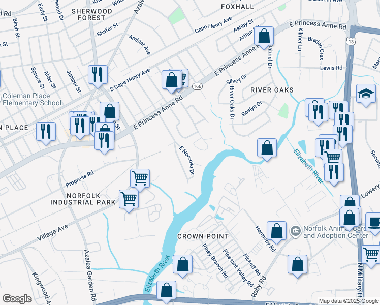 map of restaurants, bars, coffee shops, grocery stores, and more near 1364 East Norcova Drive in Norfolk