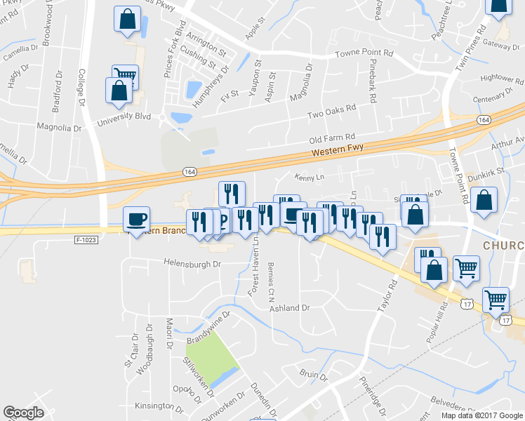 map of restaurants, bars, coffee shops, grocery stores, and more near 3601 Forest Haven Lane in Chesapeake