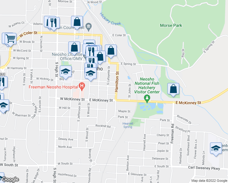 map of restaurants, bars, coffee shops, grocery stores, and more near 326 Hamilton Street in Neosho