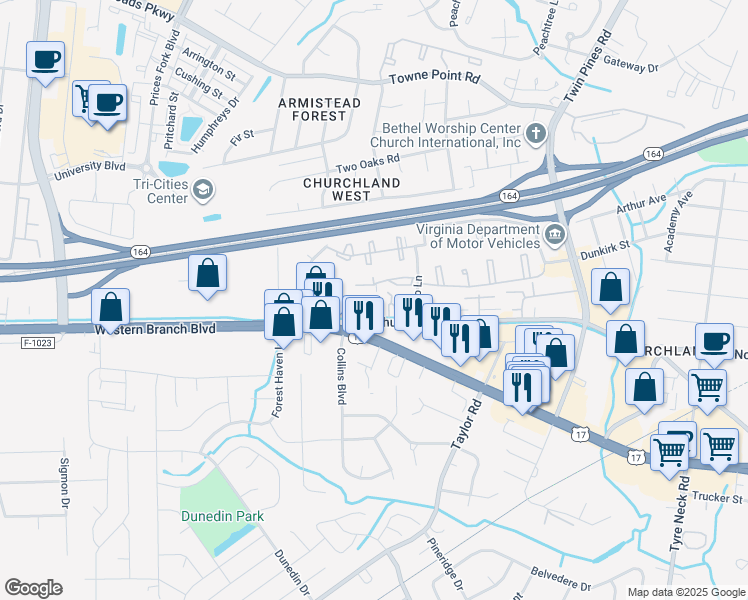 map of restaurants, bars, coffee shops, grocery stores, and more near 3214 Churchland Boulevard in Chesapeake