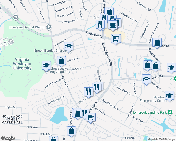map of restaurants, bars, coffee shops, grocery stores, and more near 831 Armistine Court in Virginia Beach