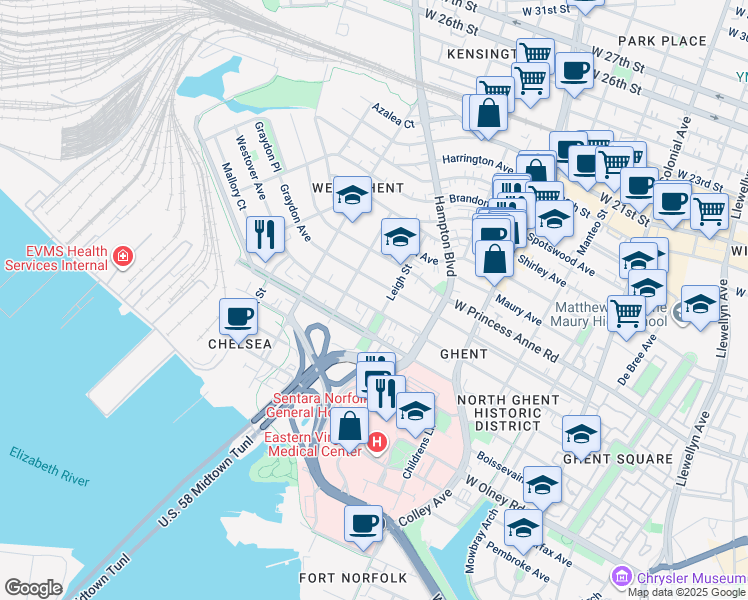 map of restaurants, bars, coffee shops, grocery stores, and more near 1008 Westover Avenue in Norfolk