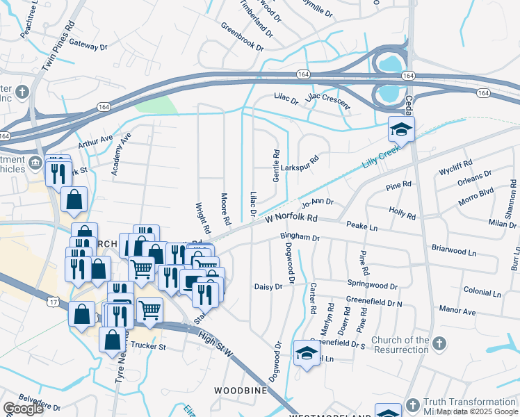 map of restaurants, bars, coffee shops, grocery stores, and more near 3501 Lilac Drive in Portsmouth