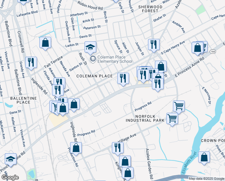 map of restaurants, bars, coffee shops, grocery stores, and more near 1515 Palmyra Street in Norfolk