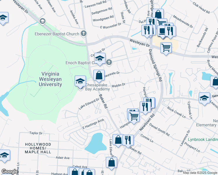 map of restaurants, bars, coffee shops, grocery stores, and more near 818 Hampstead Court in Virginia Beach