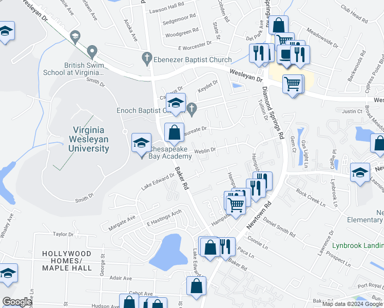 map of restaurants, bars, coffee shops, grocery stores, and more near 818 Hampstead Court in Virginia Beach
