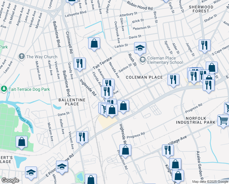 map of restaurants, bars, coffee shops, grocery stores, and more near 2417 Wyoming Avenue in Norfolk