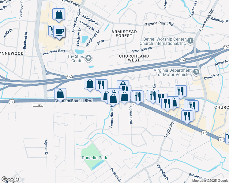 map of restaurants, bars, coffee shops, grocery stores, and more near 3601 Forest Haven Lane in Chesapeake