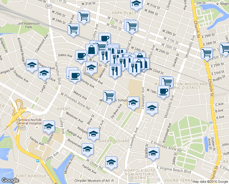 map of restaurants, bars, coffee shops, grocery stores, and more near 1607 Colonial Avenue in Norfolk