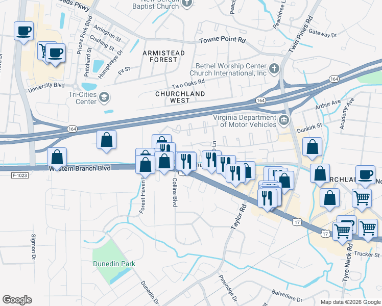 map of restaurants, bars, coffee shops, grocery stores, and more near 3624 Tejo Lane in Portsmouth