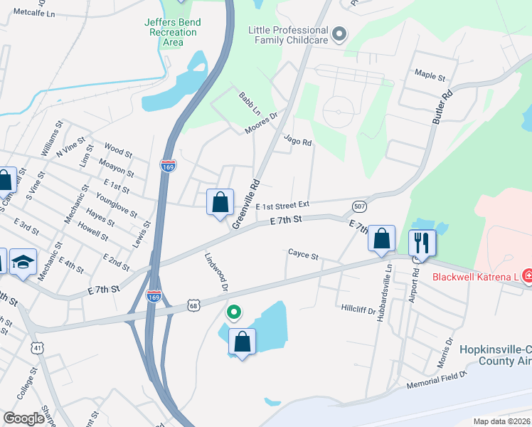 map of restaurants, bars, coffee shops, grocery stores, and more near 1698 E 1st Street Ext in Hopkinsville