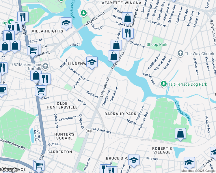 map of restaurants, bars, coffee shops, grocery stores, and more near 1044 Lindenwood Avenue in Norfolk