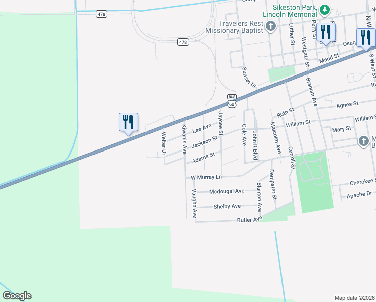 map of restaurants, bars, coffee shops, grocery stores, and more near 314 Jackson Street in Sikeston