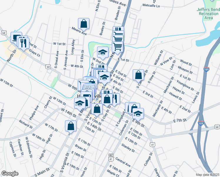 map of restaurants, bars, coffee shops, grocery stores, and more near 216 East 6th Street in Hopkinsville