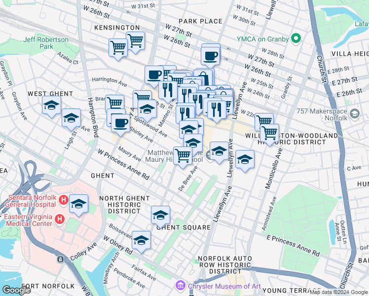 map of restaurants, bars, coffee shops, grocery stores, and more near 1516 Colonial Avenue in Norfolk