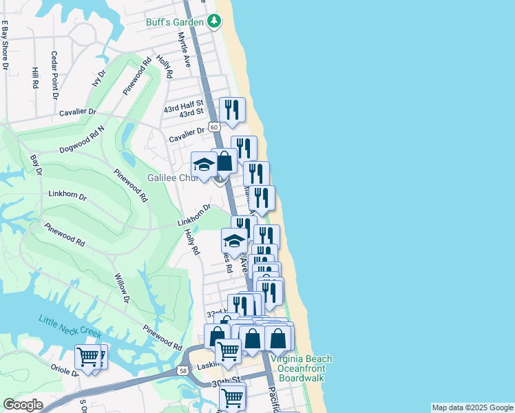 map of restaurants, bars, coffee shops, grocery stores, and more near 3800 Atlantic Avenue in Virginia Beach