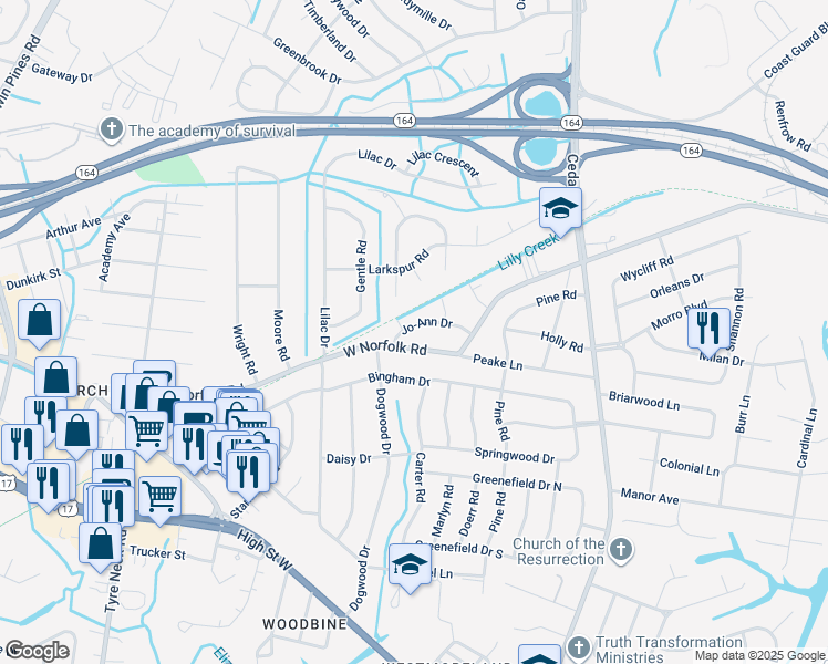 map of restaurants, bars, coffee shops, grocery stores, and more near 5429 Jo-Ann Drive in Portsmouth