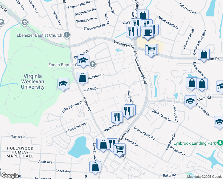 map of restaurants, bars, coffee shops, grocery stores, and more near 811 South Grosvenor Court in Virginia Beach