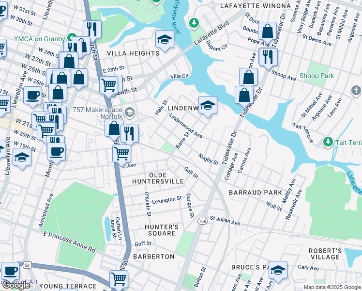 map of restaurants, bars, coffee shops, grocery stores, and more near 2328 Barre Street in Norfolk