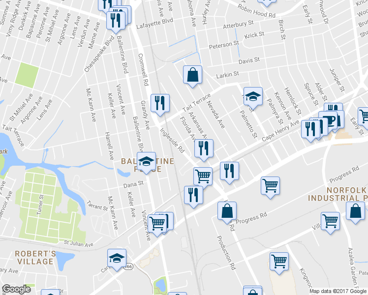 map of restaurants, bars, coffee shops, grocery stores, and more near 2436 Ingleside Road in Norfolk