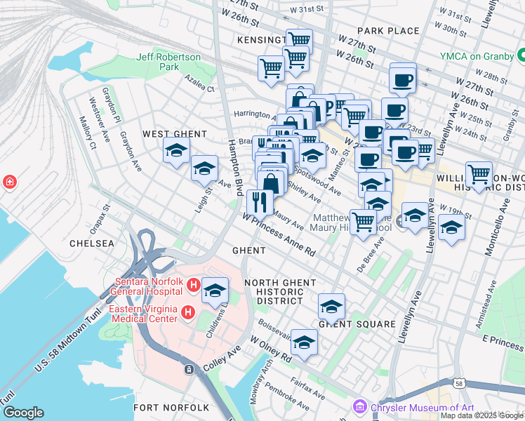 map of restaurants, bars, coffee shops, grocery stores, and more near 1211 Colley Avenue in Norfolk