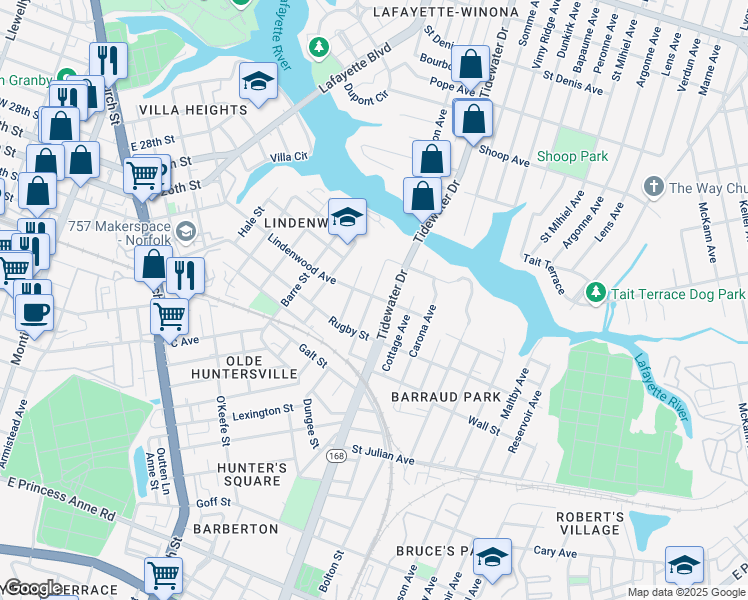 map of restaurants, bars, coffee shops, grocery stores, and more near 2428 Ruffin Street in Norfolk