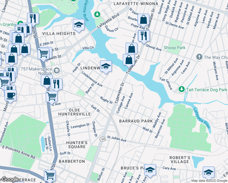 map of restaurants, bars, coffee shops, grocery stores, and more near 2428 Ruffin Street in Norfolk