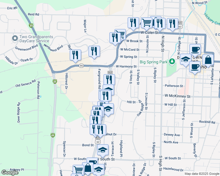 map of restaurants, bars, coffee shops, grocery stores, and more near 399 S Neosho Blvd in Neosho