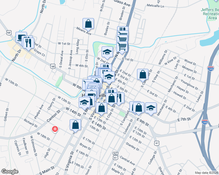 map of restaurants, bars, coffee shops, grocery stores, and more near 220 East 6th Street in Hopkinsville