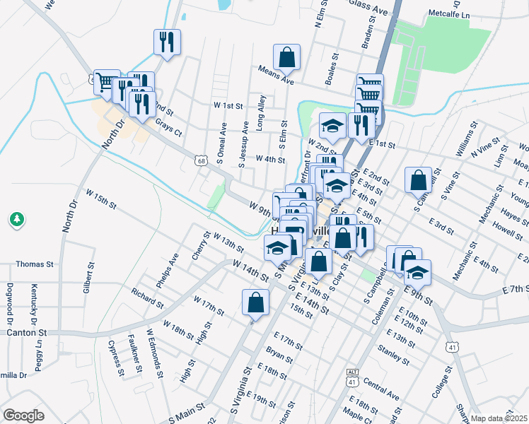map of restaurants, bars, coffee shops, grocery stores, and more near U.S. 68 in Hopkinsville