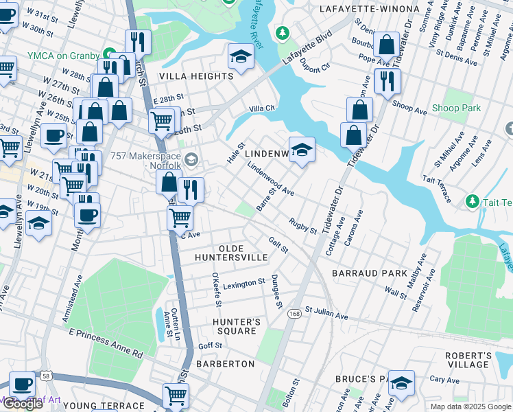 map of restaurants, bars, coffee shops, grocery stores, and more near 2401 Barre Street in Norfolk