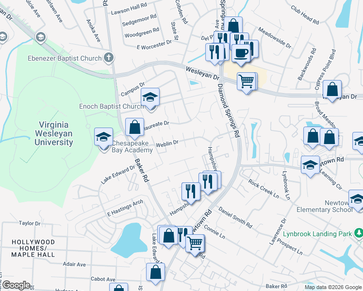map of restaurants, bars, coffee shops, grocery stores, and more near 830 North Buckingham Court in Virginia Beach