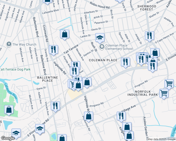 map of restaurants, bars, coffee shops, grocery stores, and more near 2326 Nevada Avenue in Norfolk
