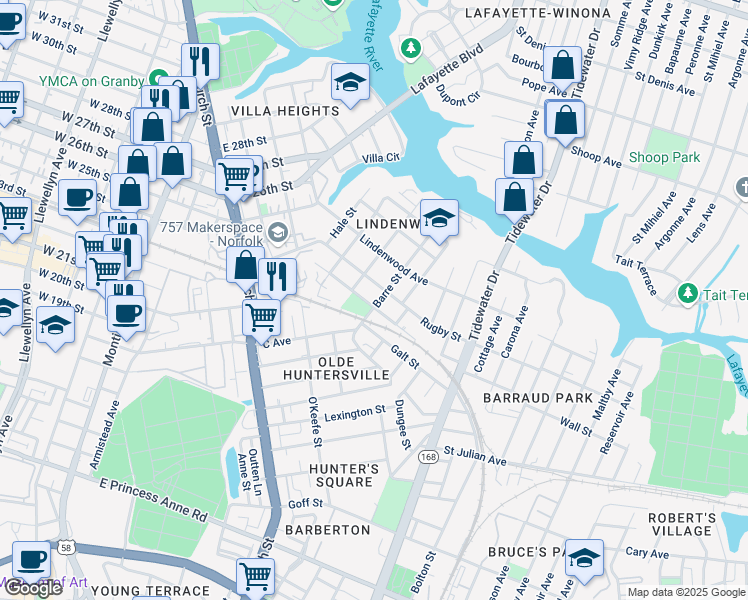 map of restaurants, bars, coffee shops, grocery stores, and more near 2401 Barre Street in Norfolk