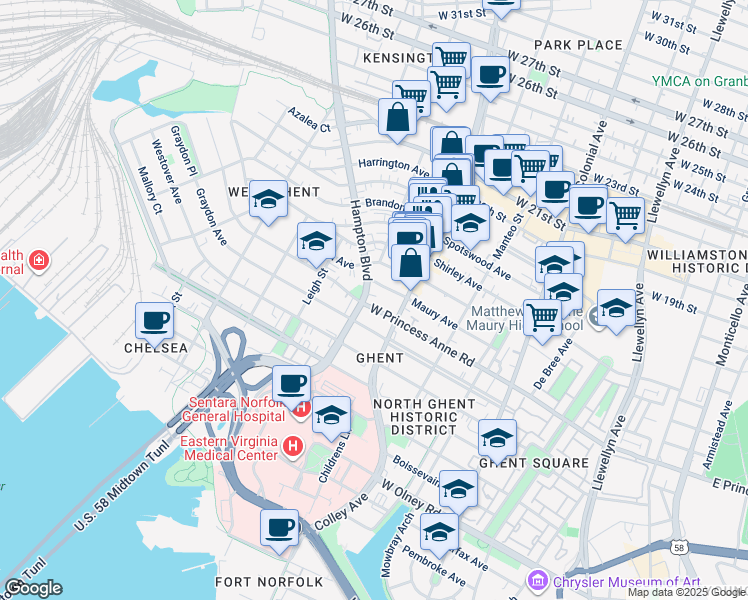 map of restaurants, bars, coffee shops, grocery stores, and more near 1209 Hampton Boulevard in Norfolk