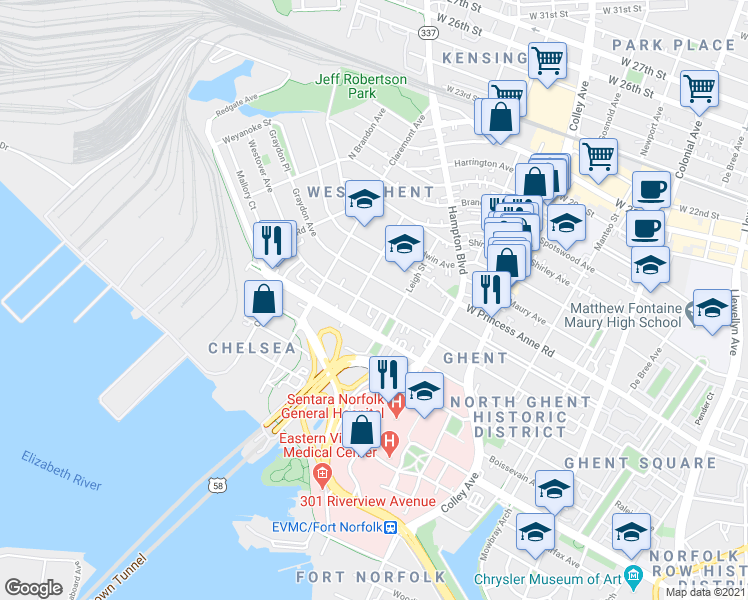 map of restaurants, bars, coffee shops, grocery stores, and more near 1012 Graydon Avenue in Norfolk