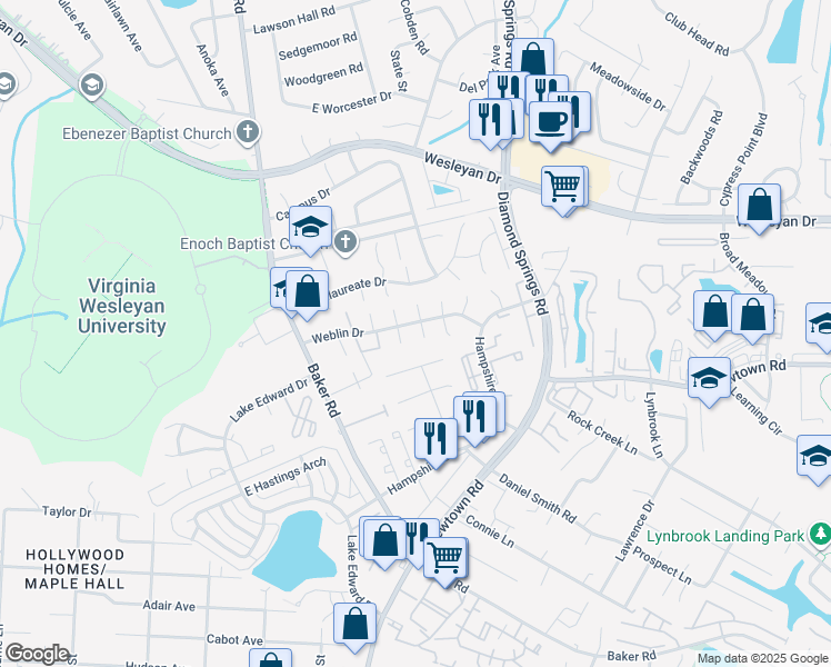 map of restaurants, bars, coffee shops, grocery stores, and more near 830 North Buckingham Court in Virginia Beach