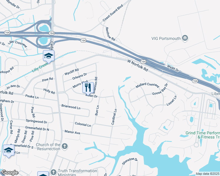 map of restaurants, bars, coffee shops, grocery stores, and more near 3739 Cardinal Lane in Portsmouth